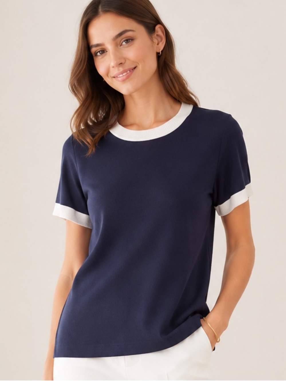 Calvin Klein Navy White Contrast Trim Rayon Knit Sweater Top XL